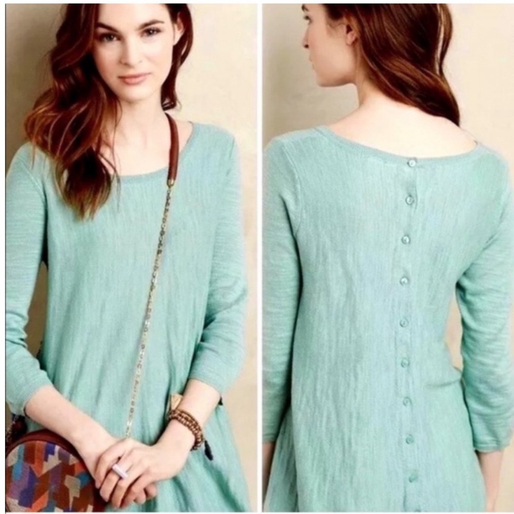 MOTH‎ Anthropologie Textured 3/4 Sleeve Button Back Tunic Top Mint Green Medium